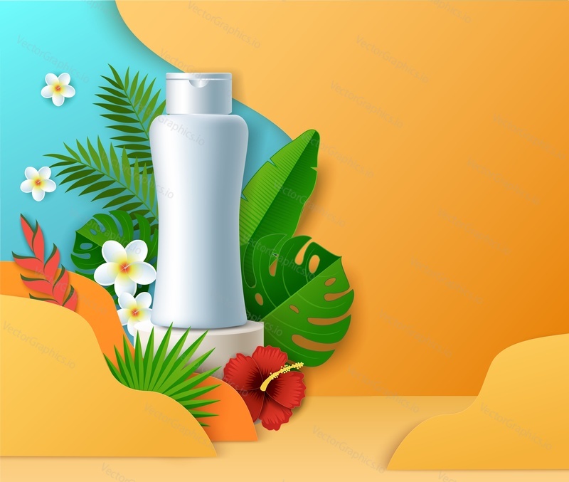 White blank cosmetic bottle on round display podium, paper cut exotic flowers, palm tree leaves, vector illustration. Tropical floral background for beauty product advertising.
