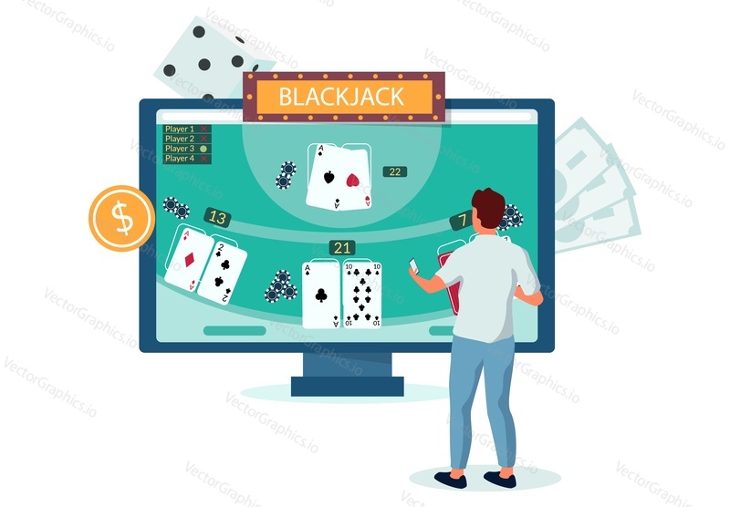 Мужчина, играющий в интернет-блэкджек с помощью портативного компьютера, плоская векторная иллюстрация. Азартные игры в онлайн-казино. Развлечение. Игорный бизнес.