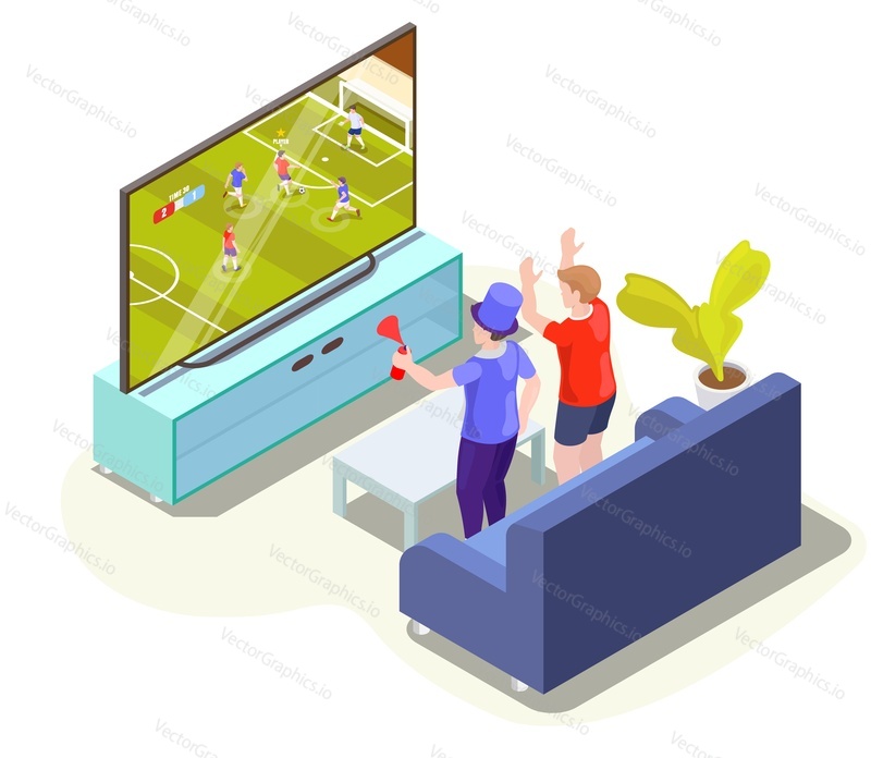 Футбольные фанаты смотрят трансляцию футбольного матча по телевизору, поддерживая любимую команду из дома, плоская векторная изометрическая иллюстрация. Прямая трансляция футбола на телеканале.
