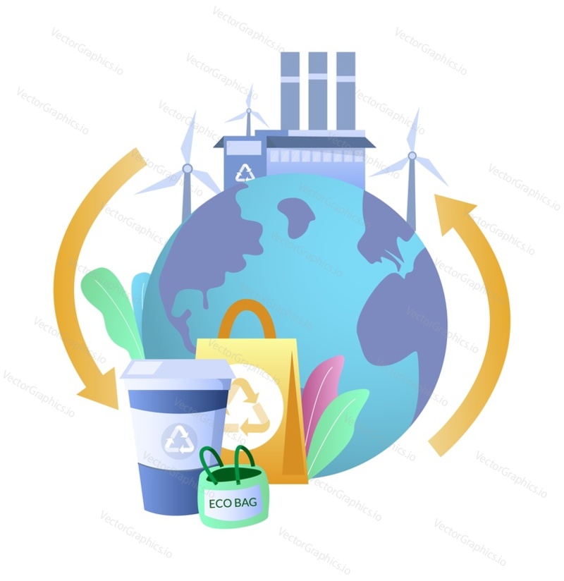 Eco friendly planet Earth, reusable eco bags, cup, wind turbines, flat vector illustration. Clean planet. Alternative green energy. Zero waste.