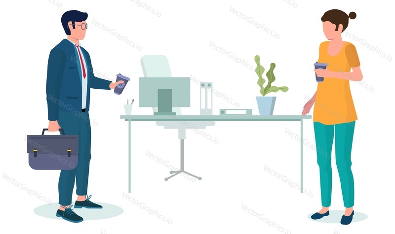 Business people taking coffee break, flat vector illustration. Male and female characters colleagues, friends drinking takeaway coffee in office. Tea time.