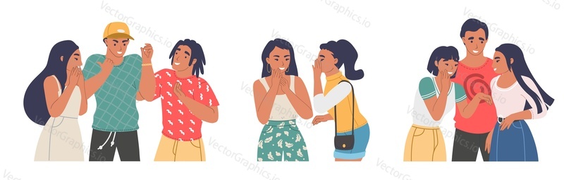 People gossiping, whispering, flat vector isolated illustration. Male and female characters spreading rumors, telling secrets.