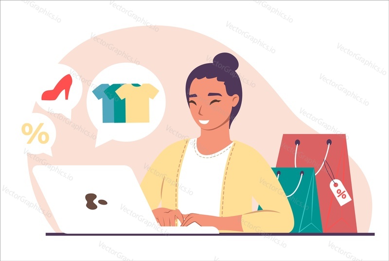Happy smiling girl shopping for clothes, shoes on the internet using laptop computer, flat vector illustration. Online store, e-commerce, online ordering and delivery.