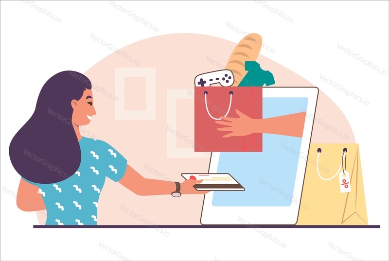 Woman making online payment with credit card, flat vector illustration. Happy girl shopping for clothing, groceries and other goods on the internet using mobile phone. E-commerce, online store.