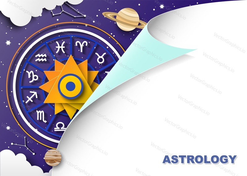 Колесо зодиака с двенадцатью знаками гороскопа, планетами, звездным небом, зодиакальными созвездиями, векторная иллюстрация в стиле бумажного искусства. Шаблон астрологического плаката с пространством для копирования.