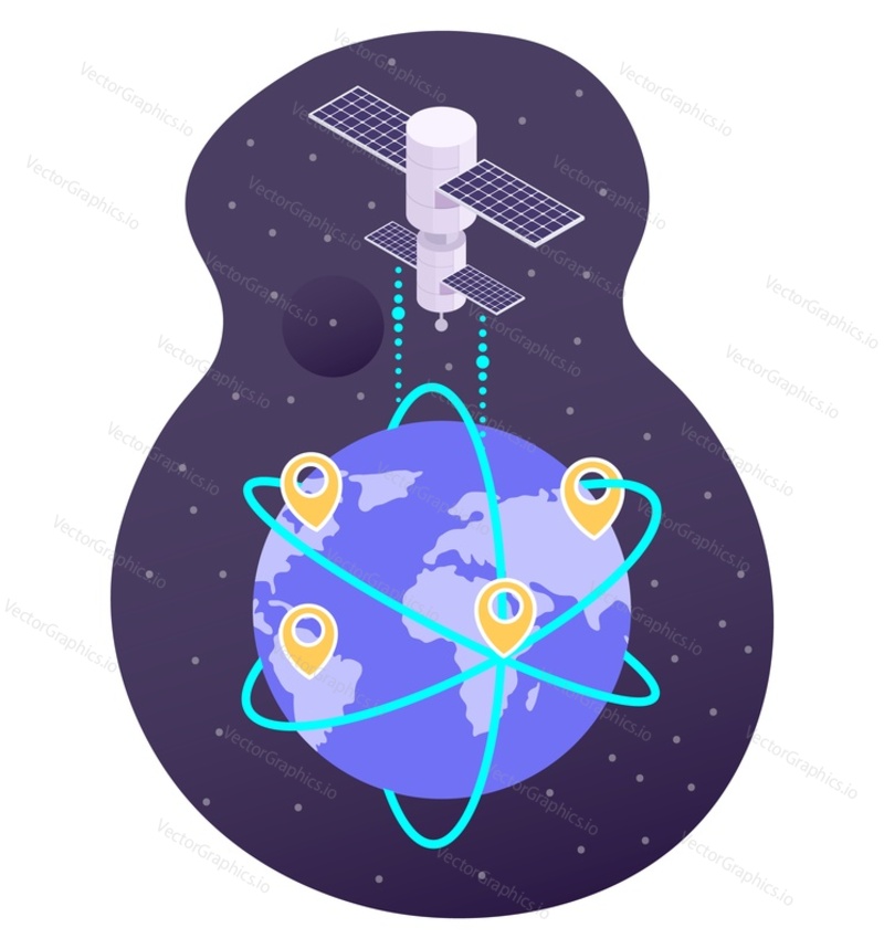 Satellite broadcasting signal from space to planet Earth, flat vector illustration. Satellite internet service. Gps and 5G high speed global network.