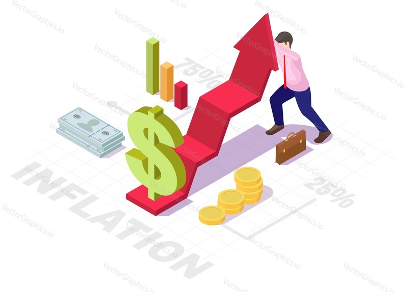 Businessman trying to keep raising dollar arrow chart from falling, flat vector isometric illustration. Economic inflation concept.