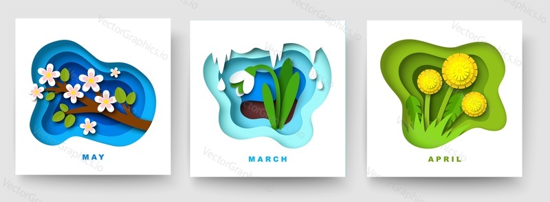 Набор цветочных композиций весеннего месяца март, апрель и май, векторная иллюстрация в стиле бумажного искусства. Весенняя открытка, шаблон календаря.