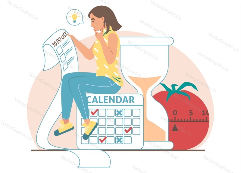 Женщина, сидящая на огромном календаре и проверяющая список дел с заданиями, плоская векторная иллюстрация. Тайм-менеджмент, планирование, составление графиков.