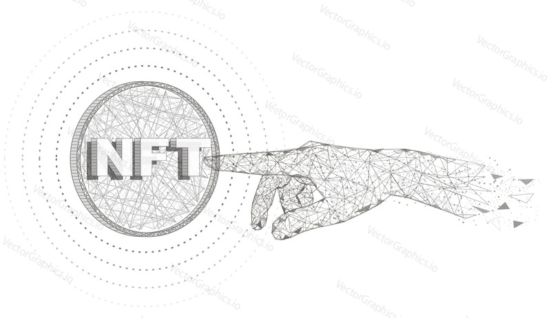 Прикосновение руки NFT, низкополигональная каркасная сетка, векторная иллюстрация в полигональном художественном стиле. Несменяемые токены, криптоискусство NFT.