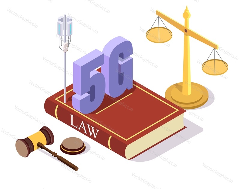 Иллюстрация векторной концепции регулирования и права 5G. Изометрический знак 5G на книге законов, весы правосудия, молоток судьи. Высокоскоростная сеть.