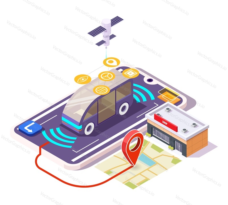 5g smart car on smartphone screen, city map with location pin, shop building, flat vector isometric illustration. 5g wireless network and self driving car.