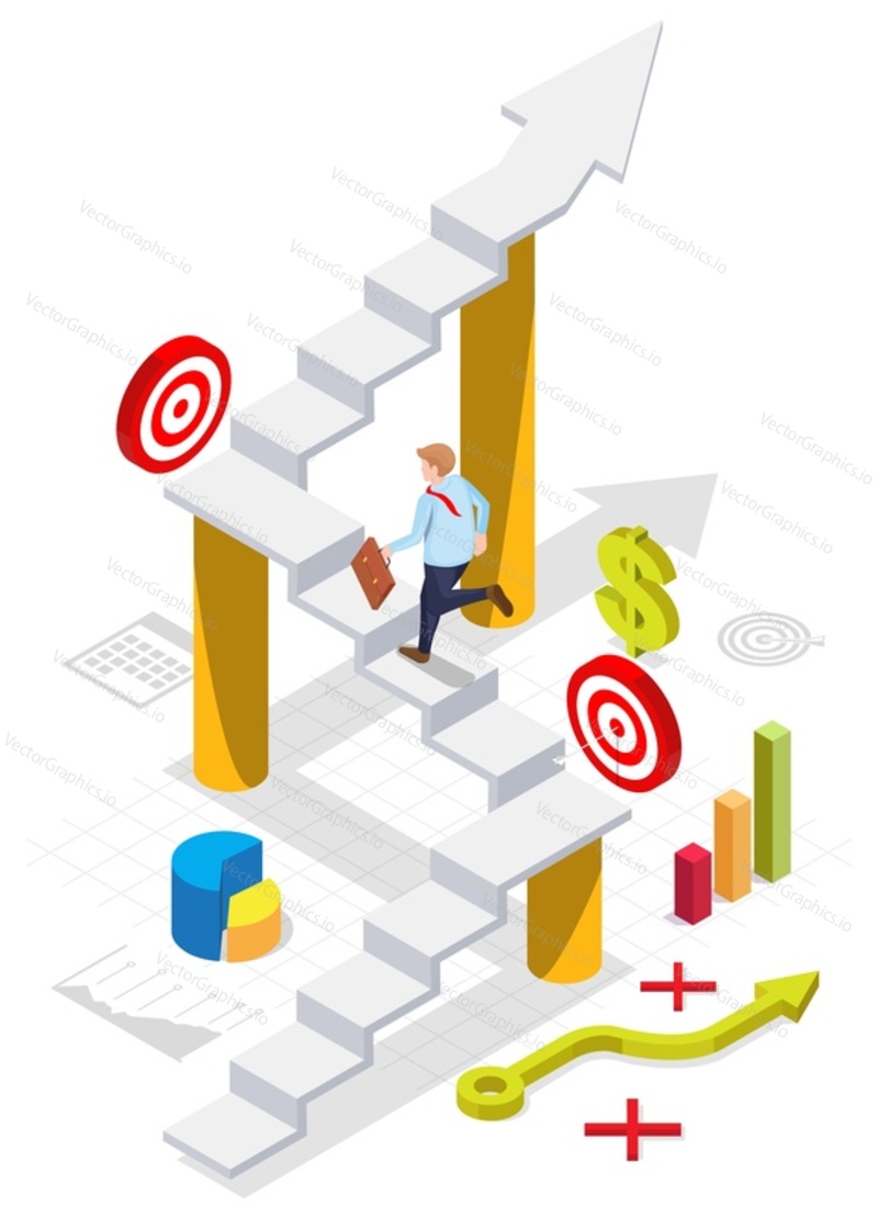 Бизнесмен, поднимающийся по лестнице к бизнес-цели, плоская векторная изометрическая иллюстрация. Шаги к достижению цели, путь к успеху, деловая карьера.