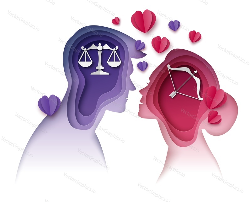 Couple with Libra and Sagittarius horoscope signs looking at each other, vector illustration in paper art style. Love compatibility between Zodiac signs.