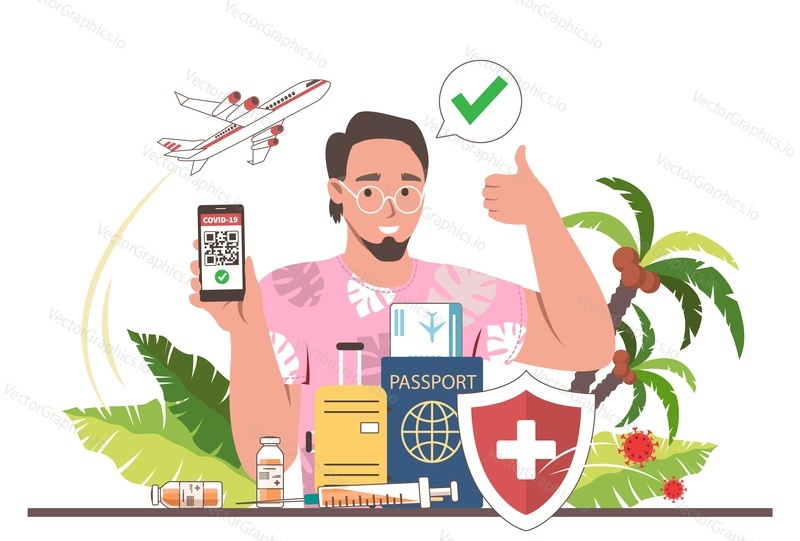 Мужчина-путешественник держит смартфон с паспортом вакцины против коронавируса на экране, плоская векторная иллюстрация. Сертификат об иммунитете с qr-кодом, отметкой о вакцинации. Путешествуйте после вакцинации. Новая норма.