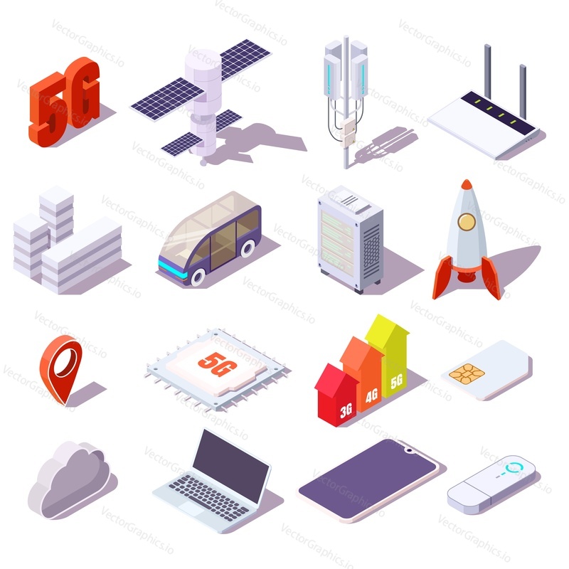 5g cellular network isometric icon set, flat vector isolated illustration. Satellite, communication tower, data center, router, smartphone, laptop computer, car, rocket. Wireless high speed internet.