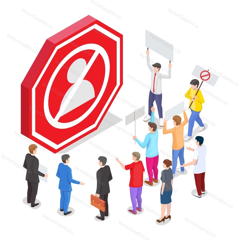 Group of people protesters, activists with placards, boycott sign, flat vector isometric illustration. Cancel culture, boycott movement, social protest, strike.