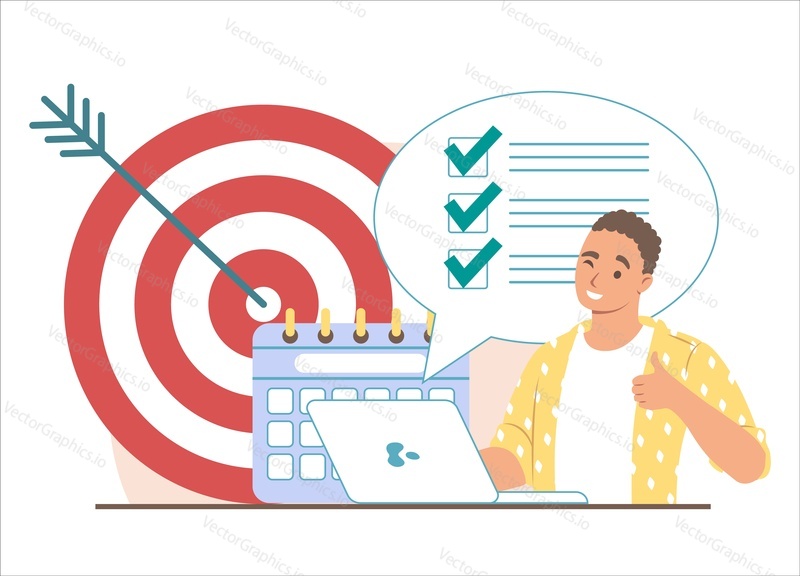 Target, calendar, to do list with check marks and businessman showing ok hand sign, flat vector illustration. Time management, planning, scheduling.