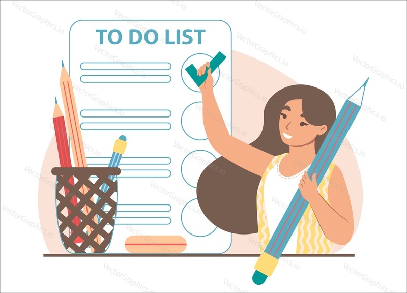 Happy woman adding check mark in to do list with tasks on smartphone screen, flat vector illustration. Task management, planning, scheduling. Checklist mobile app.