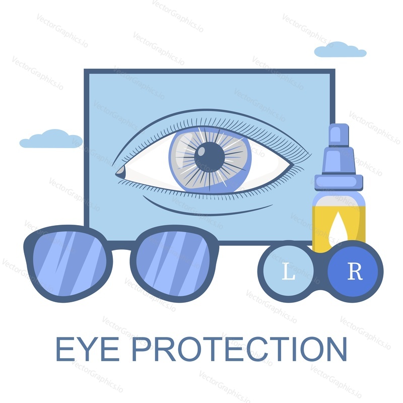 Контактные линзы, глазные капли и очки, плоская векторная иллюстрация. Коррекция зрения, защита глаз. Офтальмология, оптометрия,