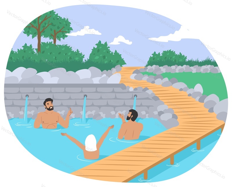 Бассейн с горячими источниками. Люди наслаждаются термальной спа-водой, плоская векторная иллюстрация. Туристы принимают ванну на открытом воздухе. Онсен, японский курорт с природными горячими источниками. Расслабление, отдых.