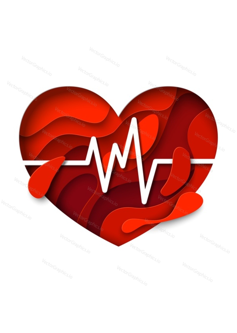Векторный плакат Всемирного дня сердца, шаблон баннера. Вырезанное из многослойной бумаги красное сердечко с пульсом, символом сердцебиения. Концепция дня повышения осведомленности о здоровье.