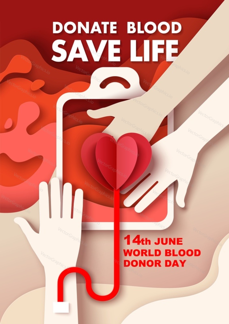 Шаблон плаката 14 июня, Всемирный день донора крови. Рука донора, сдающая кровь, спасающая жизнь и получающая взамен сердце, векторная иллюстрация в стиле бумажного искусства.