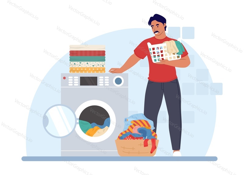 Мужчина стирает белье в стиральной машине, плоская векторная иллюстрация. Работа по дому, домашние хлопоты, ведение домашнего хозяйства.