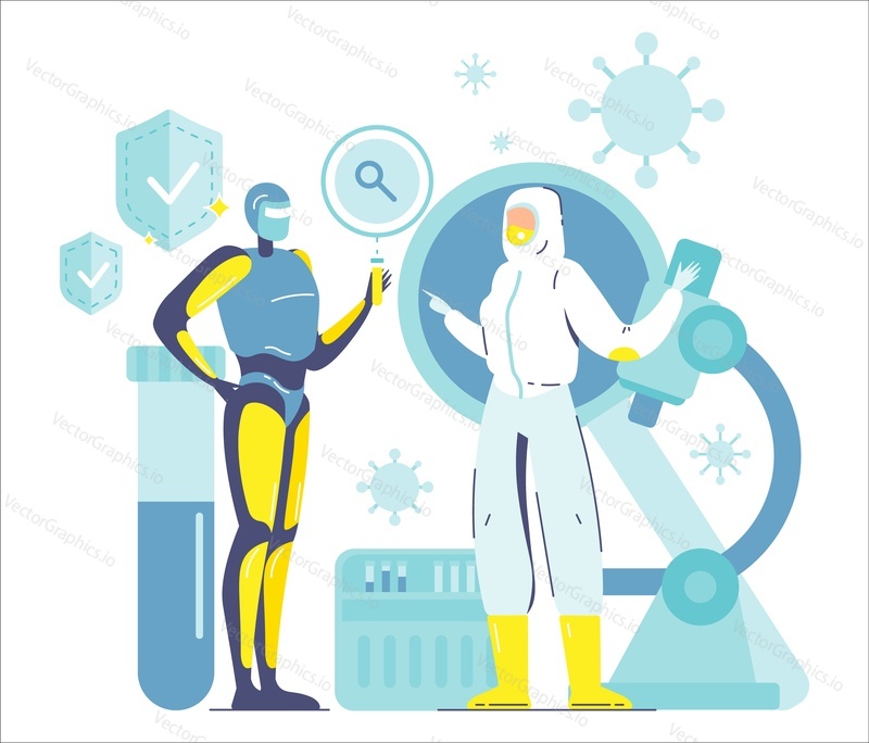 Робот-машина и человек, работающие в медицинской лаборатории во время коронавируса, плоская векторная иллюстрация. Врач, ученый в защитном костюме химзащиты, маске для лица. Безопасность и превосходство роботов. Искусственный интеллект против человека.