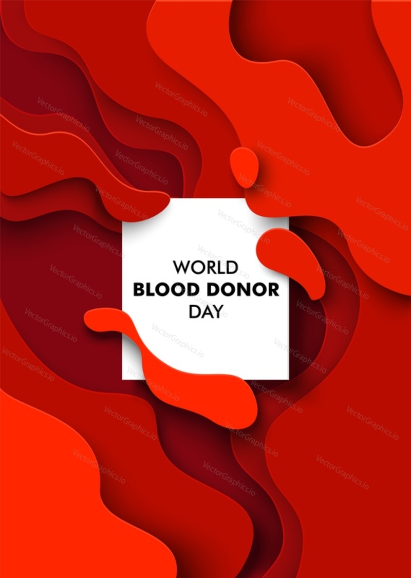 Всемирный день донора крови, вертикальный плакат, вырезанный из векторной бумаги, шаблон баннера. Вырезанный из бумаги абстрактный фон в форме красной кровяной жидкости с текстом в рамке.