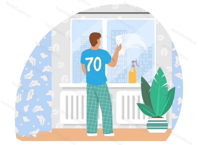 Мужчина моет окно в гостиной, плоская векторная иллюстрация. Работа по дому, домашние хлопоты, ведение домашнего хозяйства, уборка дома.