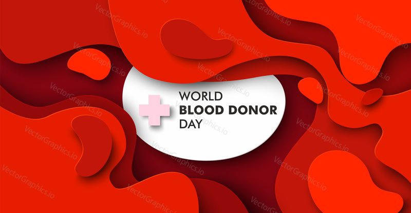 Всемирный день донора крови, вырезанный из векторной бумаги горизонтальный плакат, шаблон баннера. Вырезанный из бумаги абстрактный фон в форме красной кровяной жидкости с текстом, медицинский крест в рамке.