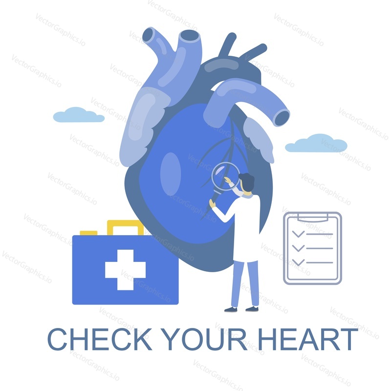 Обследование сердца. Врач-кардиолог изучает человеческое сердце с помощью увеличительного стекла, плоская векторная иллюстрация. Медицина и здравоохранение, кардиология.