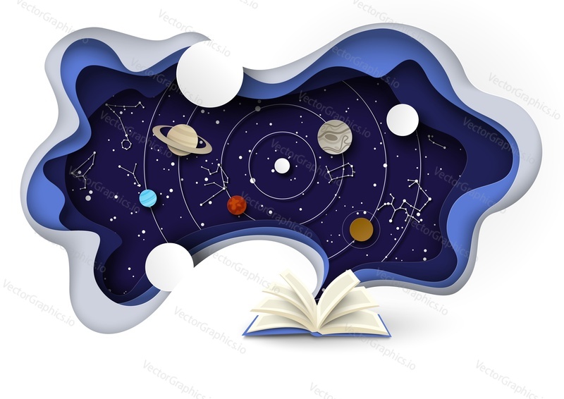 Открытая книга со звездным небом, планетами солнечной системы, вращающимися вокруг Солнца, зодиакальными созвездиями, векторная иллюстрация в стиле бумажного искусства. Астрология, астрономическая наука, воображение, предсказания гороскопа.