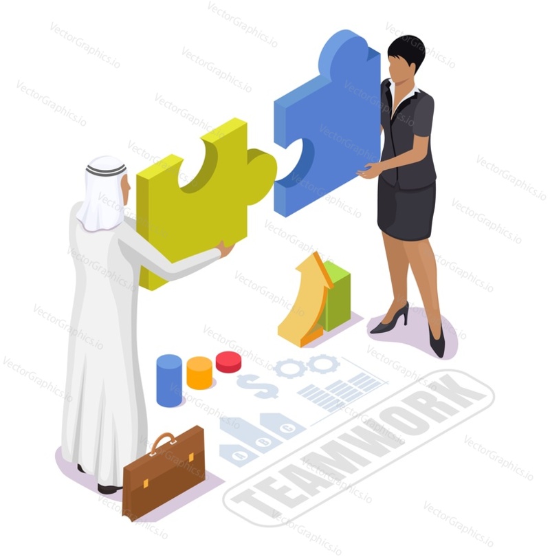 Business people connecting jigsaw puzzle pieces together, flat vector isometric illustration. Arabic team work, solution, partnership.