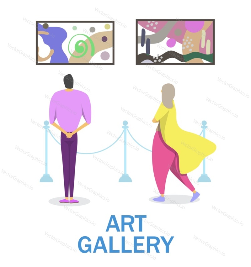 Художественная галерея, музейная выставка, плоская векторная иллюстрация. Люди рассматривают картины современного абстрактного искусства на стене. Культурное мероприятие.