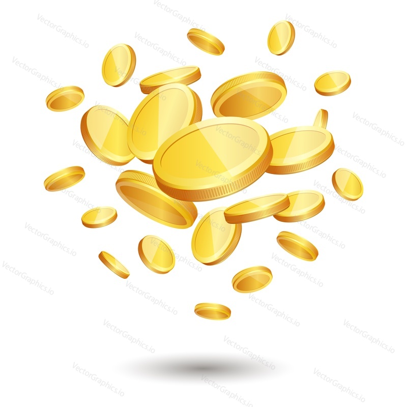 Падающие золотые монеты, векторная реалистичная иллюстрация. Концепция джекпота казино, выигрыша, богатства.