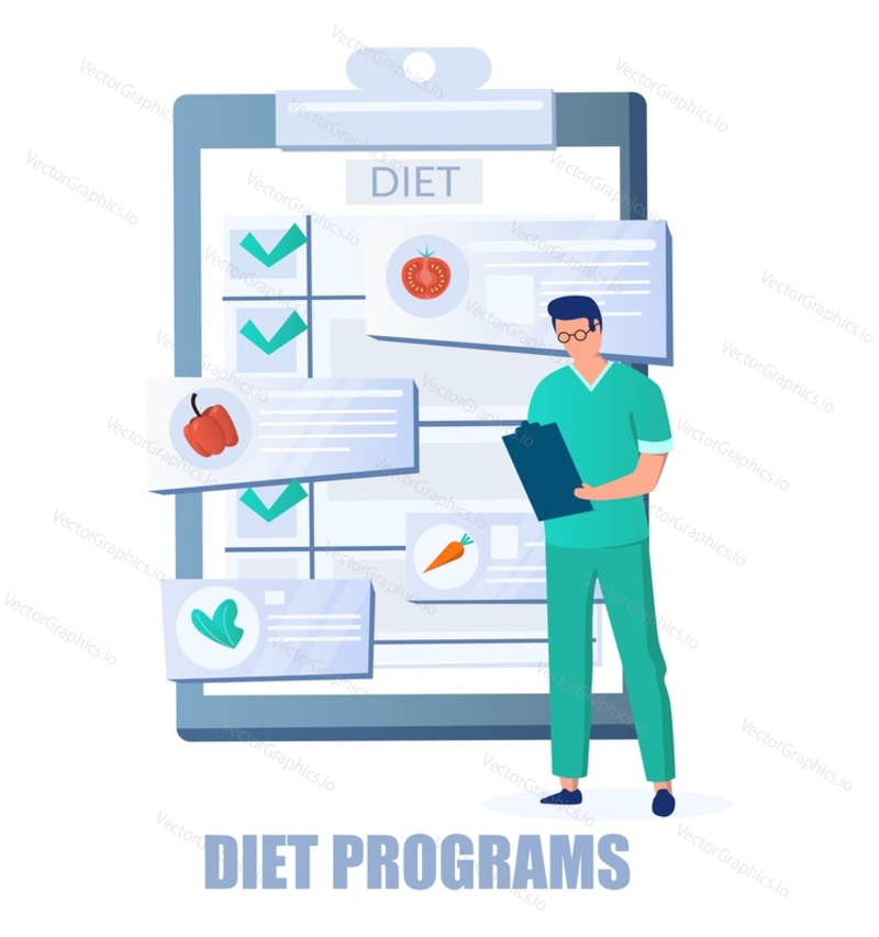 Врач-диетолог, планирующий программу диеты, плоская векторная иллюстрация. Программа похудения, здоровая диета, правильное питание.