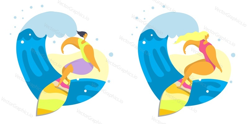 Крутые серферы, девочка и мальчик катаются на океанской волне на доске для серфинга, плоская векторная изолированная иллюстрация. Водные развлечения на пляже, летние каникулы, экстремальные водные виды спорта.