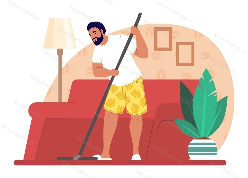 Мужчина моет пол шваброй, плоская векторная иллюстрация. Работа по дому, уборка дома, ведение домашнего хозяйства, домашние хлопоты.