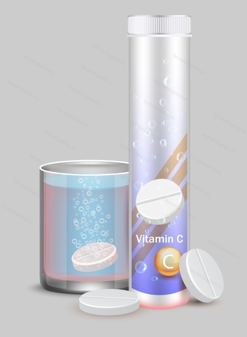 Пластиковая пробирка для витаминных таблеток с макетом крышки, стакан воды с шипучей таблеткой и искрящимися пузырьками, векторная иллюстрация. Шипучие растворимые таблетки.