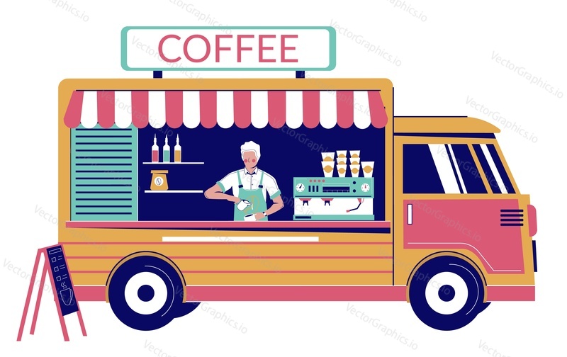 Кофейный фургон с бариста, готовящим горячий энергетический напиток, плоская векторная иллюстрация. Фургон с уличной едой, передвижная кофейня, кафе на колесах, малый бизнес с продуктовым автобусом.