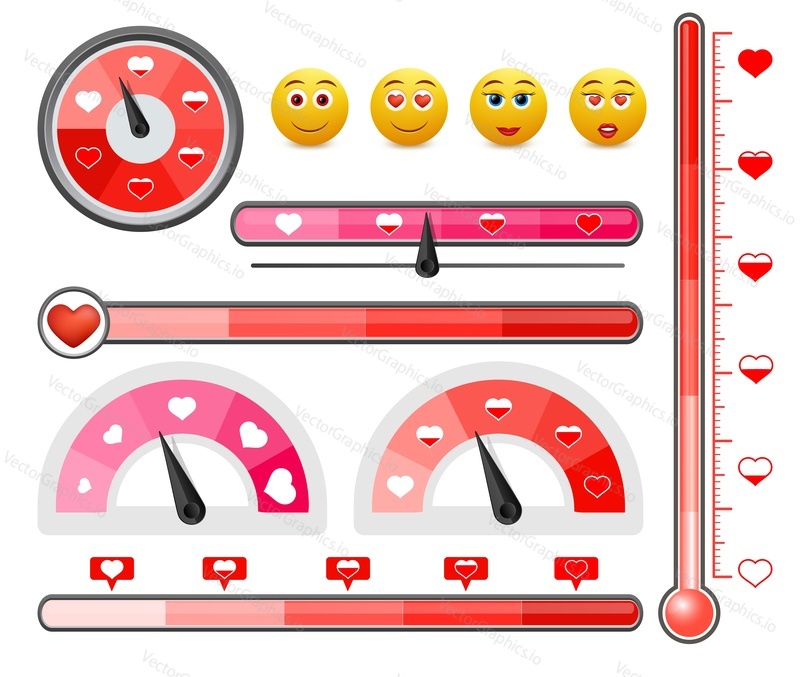 Love level meter set, flat vector isolated illustration. Love gauge, scale, thermometer with hearts.
