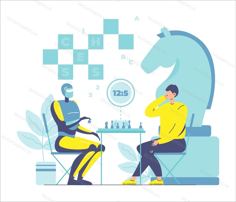 Robot machine and human playing chess, strategy board game, flat vector illustration. Robots superiority. AI vs human. Artificial intelligence technology.