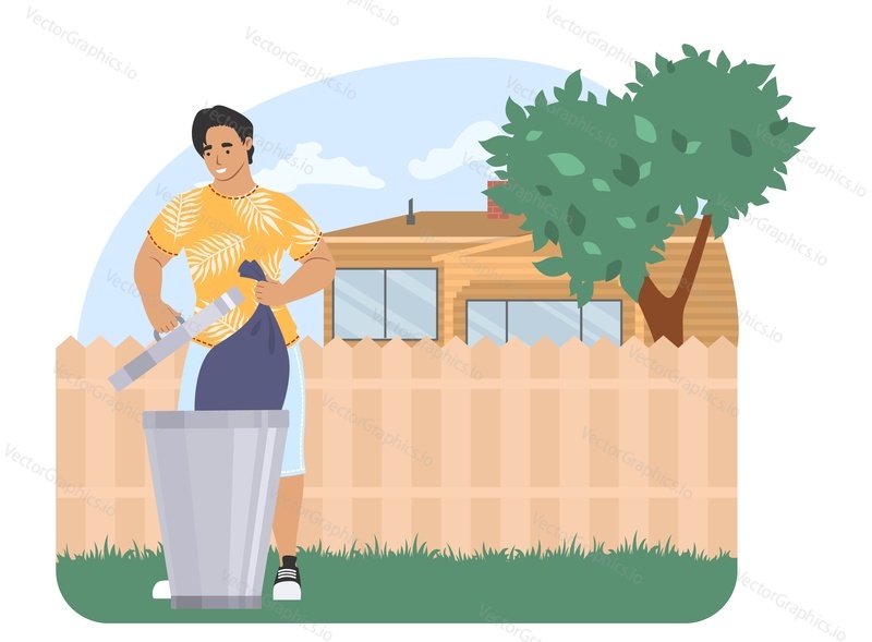Мужчина бросает мешок для мусора в мусорное ведро, плоская векторная иллюстрация. Работа по дому, домашние хлопоты, ведение домашнего хозяйства, уборка дома.
