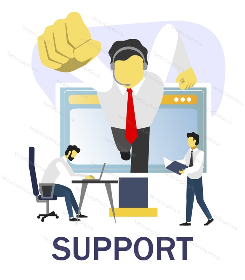 Колл-центр, онлайн-служба поддержки клиентов, плоская векторная иллюстрация. Техническая поддержка, служба технической поддержки.