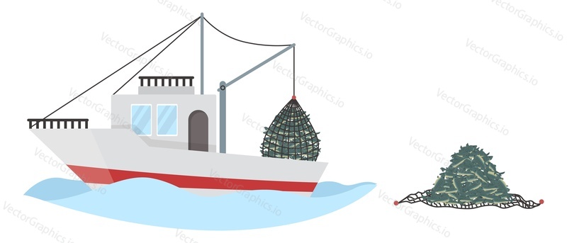 Рыболовецкое судно вытаскивает из воды сеть, полную морской рыбы, плоская векторная иллюстрация. Коммерческое рыболовство, производство морепродуктов.