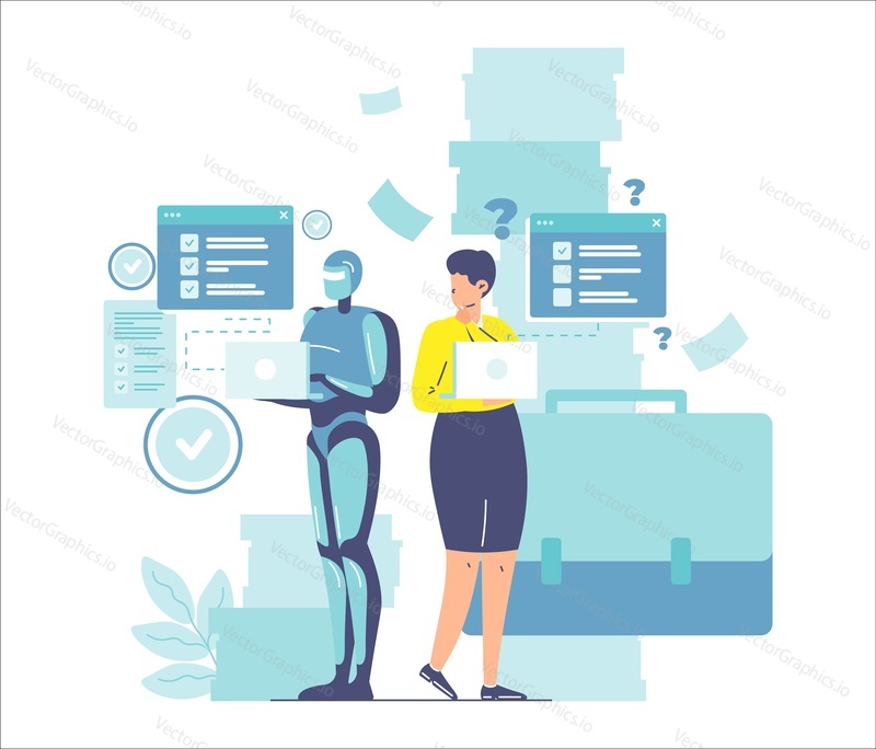 Искусственный интеллект работает лучше, чем человек, плоская векторная иллюстрация. Робот-машина и деловая женщина работают на компьютерах и делают пометки в контрольном списке. Искусственный интеллект против производительности человека. Превосходство роботов.