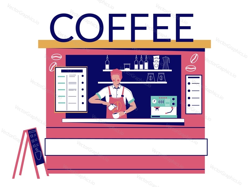 Уличная кофейня с бариста, готовящим кофе, плоская векторная иллюстрация. Уличное кафе малого бизнеса.