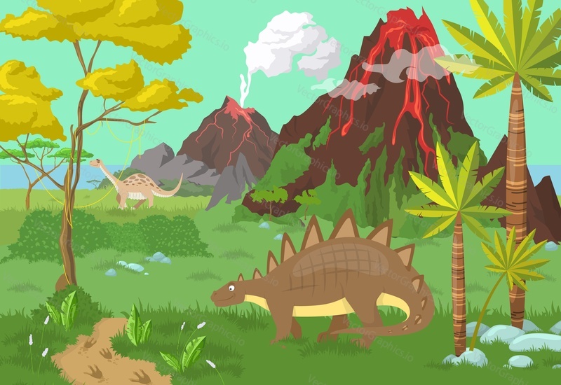 Сцена доисторической эпохи с динозаврами, бродящими возле действующих вулканов, пальмы, векторная иллюстрация. Пейзаж юрского периода, милые животные-динозавры.